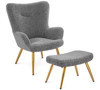 Yaheetech Sillón Orejero con Reposapiés Tapizada en Bou ris | Butaca de Salón de Respaldo Alto, Sillón Lectura con Otomana, Ergonómico, Soporte 136kg, para Salón, Dormitorio y Oficina