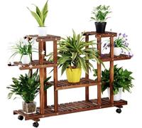 Yaheetech Soporte para Plantas Interiores y Exteriores Estantería Plantas Madera con Ruedas Desmontables Soporte para Macetas de 4 Niveles para Terreza Jardín Balcón