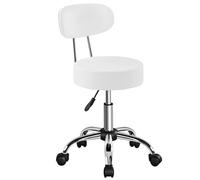 Yaheetech Taburete Giratorio Taburete con Ruedas y Respaldo con Altura Regulable 75.5-85 cm Asiento Tapizado de Polipiel Sintético para Oficina Dormitorio Blanco