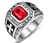 YAHOYA Anillo para Hombre Anillo Vintage de Acero Inoxidable Anillo de Compromiso con Incrustaciones de circonitas Rojas y circonitas cúbicas Tótem Cruzado