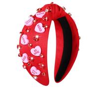 YAHPERN Diadema para el día de San Valentín para mujer, diadema anudada con corazón rojo y rosa, diamantes de imitación de cristal, diadema ancha con nudo superior para el día de San Valentín,