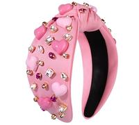 YAHPERN Diadema para el día de San Valentín para mujer, diadema anudada con corazón rojo y rosa, diamantes de imitación de cristal, lazo superior ancho, accesorios para el cabello para el día de San