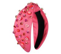 YAHPERN Diadema para el día de San Valentín para mujer, diadema anudada con corazón rojo y rosa, diamantes de imitación de cristal, lazo superior ancho, accesorios para el cabello para el día de San