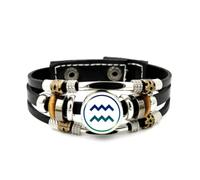 YAIEWNE Pulsera Ajustable De Cuero Trenzado En Capas Con Caligrafía Del Signo Acuario, Brazalete Étnico Punk Hecho A Mano, Accesorio De Amistad, Regalo De Cumpleaños O Navidad.