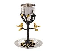 Yair Emanuel Tree of Life Kiddush - Taza para Shabbat y Yom Tov (acero inoxidable y latón, incluye platillo, diseño esculpido, copa de vino