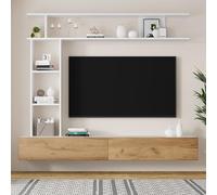 YAIXBNG 180 x 35 x 22,5 cm TV Wohnwand-Set con vitrinas, incluye tabla de TV, estantería de pie y estantería de pared, TV de hasta 80 pulgadas, color blanco + madera