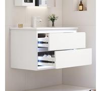 YAIXBNG 76 x 46 x 48,5 cm armarios de baño colgantes de pared, lacado completo, iluminación LED con sensor de radar, dos cajones, rieles deslizantes silenciosos, lavabo, lavabo integrado, blanco