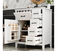 YAIXBNG 76 x 46 x 90 cm tocador de baño independiente, superficie lacada, cuatro cajones silenciosos, cajones plegables, estantes para puertas de armario, tiradores negros, lavabo de cerámica