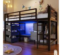 YAIXBNG 90 x 200 cm, cama de media altura con cojín de asiento, cajón de almacenamiento de tela, bolsa de almacenamiento de tela, iluminación LED multicolor, zona de gancho para ropa, metal, sin