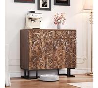 YAIXBNG Aparador 80 × 40 × 78 cm - Serie Hojas Poesía - Aspecto de nogal oscuro con relieve de hojas - Patas de metal, 2 cajones y 2 puertas - Aparador sin mango para salón y comedor