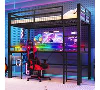 YAIXBNG Cama alta 90 x 200 cm, marco de hierro con barra LED que cambia de color, con escritorio, 1 puerto USB + 1 conector tipo C y 2 tomas de corriente, con pared perforada, sin colchón, color negro