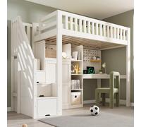 YAIXBNG Cama alta infantil blanca de 90 x 200 cm con escritorio, armario de escalera y armario, estanterías abiertas, conectores USB/USB C, somier, solución todo en uno que ahorra espacio, sin colchón
