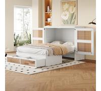 YAIXBNG Cama de 140 x 200 cm, cama de pared con somier, cama plegable vertical con somier, con cajones de almacenamiento, diseño de ratán, camas de madera, camas juveniles, camas individuales, color