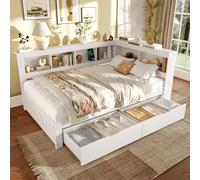 YAIXBNG Cama de 140 x 200 cm, sofá cama con dos cajones, con enchufe y 2 puertos USB, cama con somier (sin colchón), tablero de partículas, color blanco