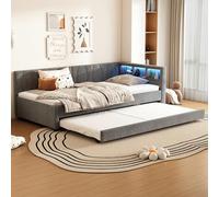 YAIXBNG Cama de día, 90 x 200 cm, cama de día, sofá cama, compartimento de almacenamiento en la cama, USB+tipo C, mando a distancia para luz ambiental LED, cama con cama extensible, cama con somier