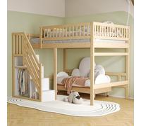 YAIXBNG Cama de madera maciza 140 x 200, escalera con armario de almacenamiento, barandilla alta, cuna, cama juvenil, marco de madera maciza, color madera