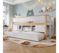 YAIXBNG Cama de media altura, 90 x 200 cm, cama con cama extraíble, cama infantil, varios compartimentos, sin colchón, color blanco + natural