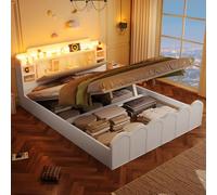 YAIXBNG Cama de panel, 140 x 200 cm, hidráulica, con función de carga USB tipo C, iluminación LED, pulsador/appdienung, sin colchón, compartimento de almacenamiento con tapa abatible, almacenamiento