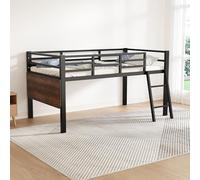 YAIXBNG Cama plana 90 x 200 cm, cama de metal, sin colchón, barandilla, escalera, escritorio, cinta LED teledirigida, color negro