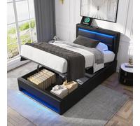 YAIXBNG Cama tapizada 90x200 cm con puerto USB (soporta carga inalámbrica y cable) con iluminación LED y espacio de almacenamiento, sin colchón, patrón de litchi de poliuretano negro