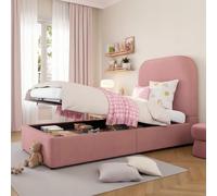 YAIXBNG Cama tapizada, cama individual, cama infantil 90 x 200 cm, cama funcional hidráulica, cama con somier, cabecero y gran espacio de almacenamiento, cabecero acolchado, terciopelo, color rosa