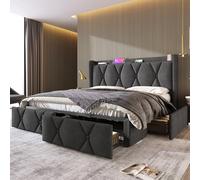 YAIXBNG Cama tapizada con carga USB, cabecero y 4 cajones, cama doble de 160 x 200 cm, marco de láminas de madera, gris (sin colchón)