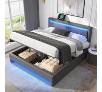 YAIXBNG Cama tapizada de 160 x 200 cm con puerto USB (admite carga inalámbrica y por cable), con iluminación LED y espacio de almacenamiento, sin colchón, diseño de litchi de poliuretano, color gris