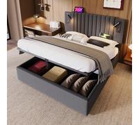 YAIXBNG Cama tapizada de 180 x 200, cama doble, espacio de almacenamiento, luz de lectura con función de carga USB, cabecero, respaldo con diseño de remaches, cama con somier y cajón, algodón, gris