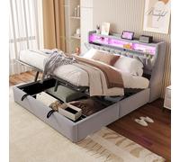 YAIXBNG Cama tapizada de 180 x 200 cm, cama de almacenamiento hidráulico, cabecero tapizado plegable con espacio de almacenamiento, enchufe y compartimento de almacenamiento, iluminación LED, patas de