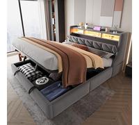YAIXBNG Cama tapizada de 180 x 200 cm, cama de almacenamiento hidráulico, cabecero tapizado plegable con espacio de almacenamiento, enchufe y compartimento de almacenamiento, iluminación LED, patas de