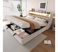YAIXBNG Cama tapizada de 180 x 200 cm, cama de almacenamiento hidráulico, cabecero tapizado plegable con espacio de almacenamiento, enchufe y compartimento de almacenamiento, iluminación LED, patas de