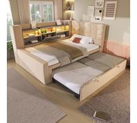YAIXBNG Cama tapizada de 90 x 200 cm con cama nido de 90 x 190 cm y iluminación LED, cabecero en forma de L con espacio de almacenamiento, montaje por ambos lados, somier, lino, beige (sin colchón)