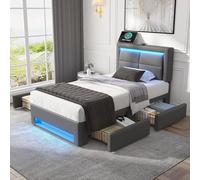 YAIXBNG Cama tapizada de 90 x 200 cm, con puerto USB (admite carga inalámbrica y por cable), con iluminación LED y cuatro cajones, sin colchón, patrón de litchi de poliuretano, color gris