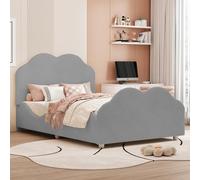 YAIXBNG Cama tapizada para niños de 90 x 200 cm de alto, barandilla de cama infantil con cabecero y pie en forma de nube. Cama individual en terciopelo gris agradable al tacto