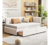 YAIXBNG Cama tapizada sofá cama 90 x 200 cama multifunción con 2 cajones grandes de almacenamiento y somier de láminas, tela aterciopelada respetuosa con la piel, color beige