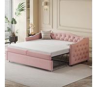 YAIXBNG Cama tapizada Sofá cama extensible, 90 x 200 cm, con conexión USB, forma clásica con botones con somier, cama multifunción, cama de invitados, tela de lino, rosa (colchón no incluido)