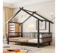 YAIXBNG Cuna de metal con forma de casa de 90 x 200 cm con rejilla de seguridad, diseño de techo y marco decorativo para niños y niñas, color negro