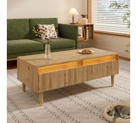 YAIXBNG Esta moderna mesa de centro LED cuenta con un tablero de cajón ondulado, patas de madera dorada, dos cajones y una tira de luz LED que cambia de color