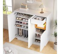 YAIXBNG Este zapatero de un cajón en color blanco y madera natural con estantes ajustables es perfecto para una entrada moderna y puede contener entre 14 y 18 pares de zapatos.