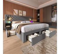 YAIXBNG Juego completo de cama para dormitorio, cama doble tapizada de 160 x 200 cm, con 2 mesitas de noche y 4 cajones, cabecero de luz de lectura con función de carga USB, gris, terciopelo (sin