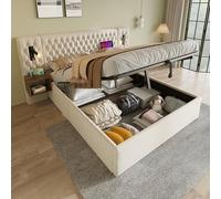 YAIXBNG Juego completo de cama para dormitorio, cama tapizada hidráulica, cama doble de 180 x 200 cm, con 2 mesitas de noche, beige, terciopelo (sin colchón)