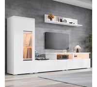 YAIXBNG Juego de 3 muebles de salón para TV, iluminación LED brillante, para salón, 1 armario de TV, 1 vitrina para salón, estante colgante, TV hasta 75 pulgadas, color blanco