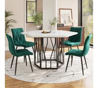 YAIXBNG Juego de mesa de comedor y silla (juego de 5 piezas), moderna mesa de comedor hexagonal de mármol + 4 sillas de comedor de terciopelo verde para crear un restaurante cálido y moderno