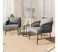 YAIXBNG Juego de muebles de balcón de 3 piezas, cuerda trenzada a mano, mesa de cristal, sillas con una capacidad de carga de 160 kg, adecuado para terraza, jardín y balcón, color gris
