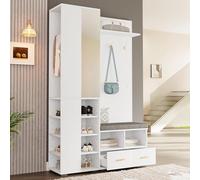 YAIXBNG Juego de perchero de pared, armario de pasillo con espejo, barra para colgar, zapatero con estante calado, 3 ganchos, 2 cajones y compartimento de almacenamiento, color blanco, 120 x 35 x 190