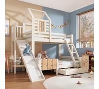 YAIXBNG Litera cama 90 x 200 y 140 x 200 cm, cama con cajón tobogán y escalera, cama infantil con somier, diseño de cabaña de troncos, seguridad EN747-1:2024 (sin colchón)