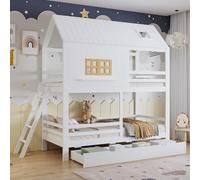 YAIXBNG Litera, cama infantil, con hermosas ventanas y techo, somier de listones estable y escalera, con dos cajones grandes, pino + MDF, madera contrachapada, blanco y natural, 90 x 200 cm