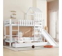 YAIXBNG Litera, cuna, cajón grande con ruedas, tobogán divertido para niños, exquisito techo y ventana, pino + MDF + madera contrachapada, blanco, 90 x 200 cm