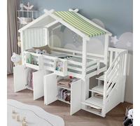 YAIXBNG Litera, cuna, con barandilla, 1 armario y 2 taquillas, con 3 taquillas en la escalera, tela a rayas, pino+MDF+madera contrachapada, blanco+verde, 90 x 200 cm