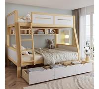 YAIXBNG Litera, cuna, tres cajones con ruedas, soporte para libros de imágenes de 2 m, cercado seguro de cuatro lados y escalera de tijera, pino + MDF + madera contrachapada, blanco y natural, 90 x